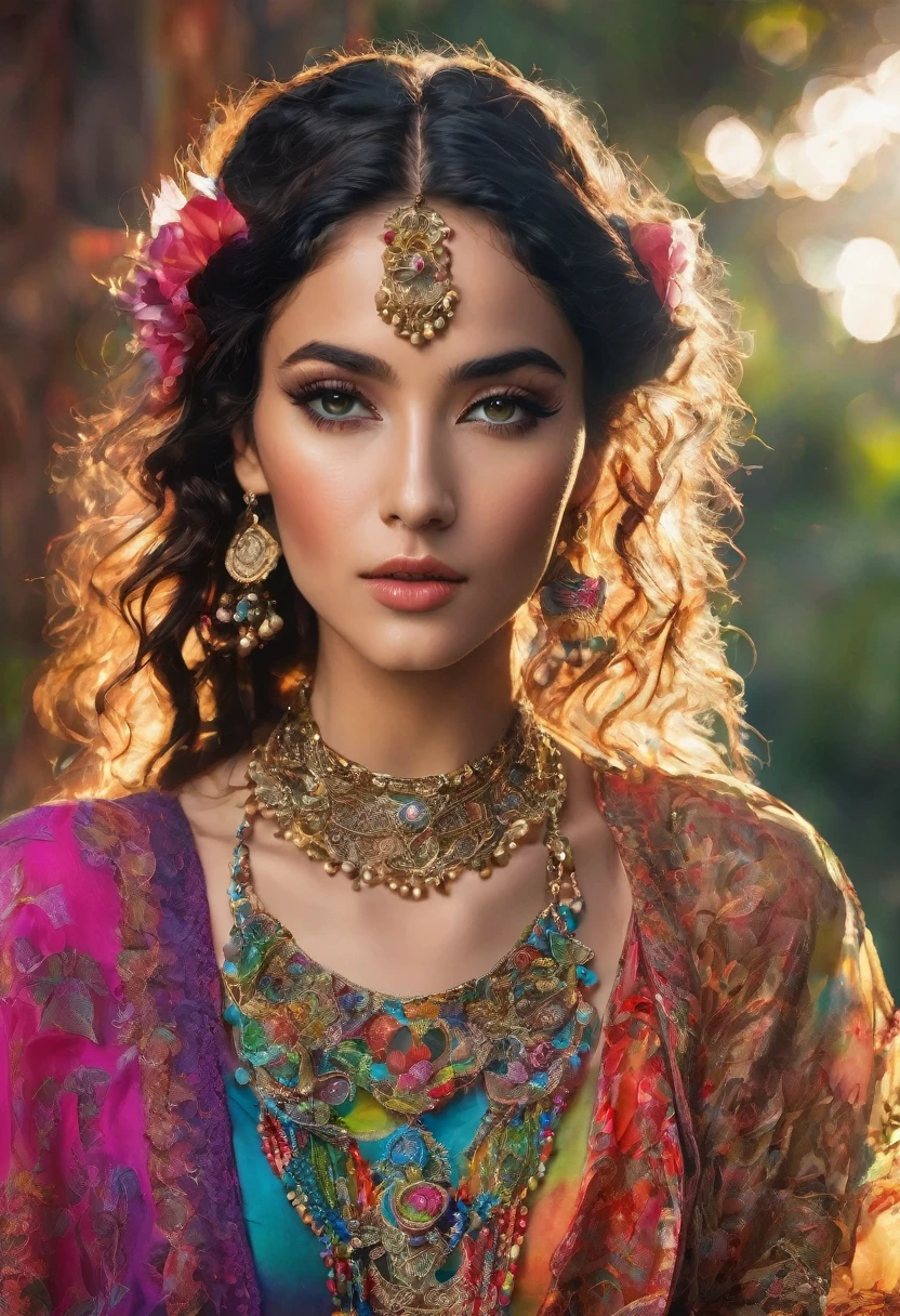 (cigana sulamita )) milhões de rosas amarelas e vermelhas , Ergue-se alto e mostra sua figura perfeita em todos os momentos cobre todo o corpo Vesti-se em uma linda saia rodada longa colorida, blusa bufante cheia de babados ((Cenário floresta )), super bonita, 8K realista , ((cabelos negros)), pele-Morena-Dourada, olhos negros, Corpo muscular ultrarrealista, vesti-se com uma roupa de cigana mágica , com um toque mágico e místico, com cabelo estilo slime , portanto, inspirado em Izzy Medrano, 3D 18K UHD., pulseiras douradas, , brincos dourados ,16k, Elementos: Terra 8K UHD SURREAL. Beautiful stunning woman adorned in ornate, colorful jewelry and clothing that appears to be inspired by"gypsy" style. She has long, dark curly hair with flowers tucked into it. Her makeup emphasizes her eyes, and she's wearing large, dangling earrings and multiple necklaces with colorful beads and pendants. The woman's clothing includes vibrant fabrics with patterns. The overall aesthetic is very bohemian and romantic, evoking a free-spirited, nomadic culture. The lighting in the image is warm, giving it a rich, golden glow that enhances the romantic atmosphere.woman adorned in ornate, colorful jewelry and clothing that appears to be inspired by Romani or "gypsy" style. She has long, dark curly hair with flowers tucked into it. Her makeup emphasizes her eyes, and she's wearing large, dangling earrings and multiple necklaces with colorful beads and pendants. The woman's clothing includes vibrant fabrics with patterns. The overall aesthetic is very bohemian and romantic, evoking a free-spirited, cigana culture. The lighting in the image is warm, giving it a rich, golden glow that enhances the romantic atmosphere UHD 18K.