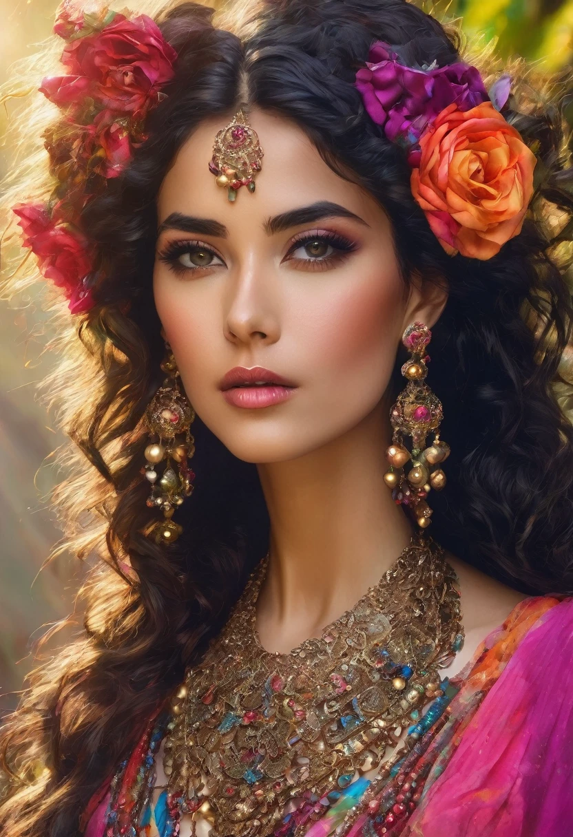 (cigana sulamita )) milhões de rosas amarelas e vermelhas , Ergue-se alto e mostra sua figura perfeita em todos os momentos cobre todo o corpo Vesti-se em uma linda saia rodada longa colorida, blusa bufante cheia de babados ((Cenário floresta )), super bonita, 8K realista , ((cabelos negros)), pele-Morena-Dourada, olhos negros, Corpo muscular ultrarrealista, vesti-se com uma roupa de cigana mágica , com um toque mágico e místico, com cabelo estilo slime , portanto, inspirado em Izzy Medrano, 3D 18K UHD., pulseiras douradas, , brincos dourados ,16k, Elementos: Terra 8K UHD SURREAL. Beautiful stunning woman adorned in ornate, colorful jewelry and clothing that appears to be inspired by"gypsy" style. She has long, dark curly hair with flowers tucked into it. Her makeup emphasizes her eyes, and she's wearing large, dangling earrings and multiple necklaces with colorful beads and pendants. The woman's clothing includes vibrant fabrics with patterns. The overall aesthetic is very bohemian and romantic, evoking a free-spirited, nomadic culture. The lighting in the image is warm, giving it a rich, golden glow that enhances the romantic atmosphere.woman adorned in ornate, colorful jewelry and clothing that appears to be inspired by Romani or "gypsy" style. She has long, dark curly hair with flowers tucked into it. Her makeup emphasizes her eyes, and she's wearing large, dangling earrings and multiple necklaces with colorful beads and pendants. The woman's clothing includes vibrant fabrics with patterns. The overall aesthetic is very bohemian and romantic, evoking a free-spirited, cigana culture. The lighting in the image is warm, giving it a rich, golden glow that enhances the romantic atmosphere UHD 18K.
