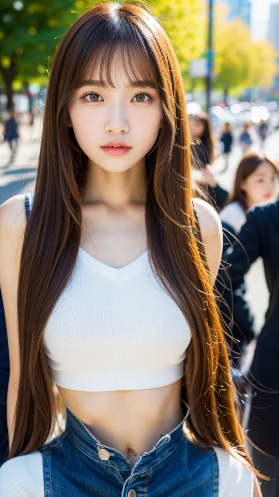 (best quality, 8k, 32k, masterpiece, UHD:1.2), ultra high resolution, (pretty a Korean early  girl), 13 yautiful detailed eyes, semi long brown hair, bangs, portrait, (crowded city boulevard on a bright sunny day:1.3)