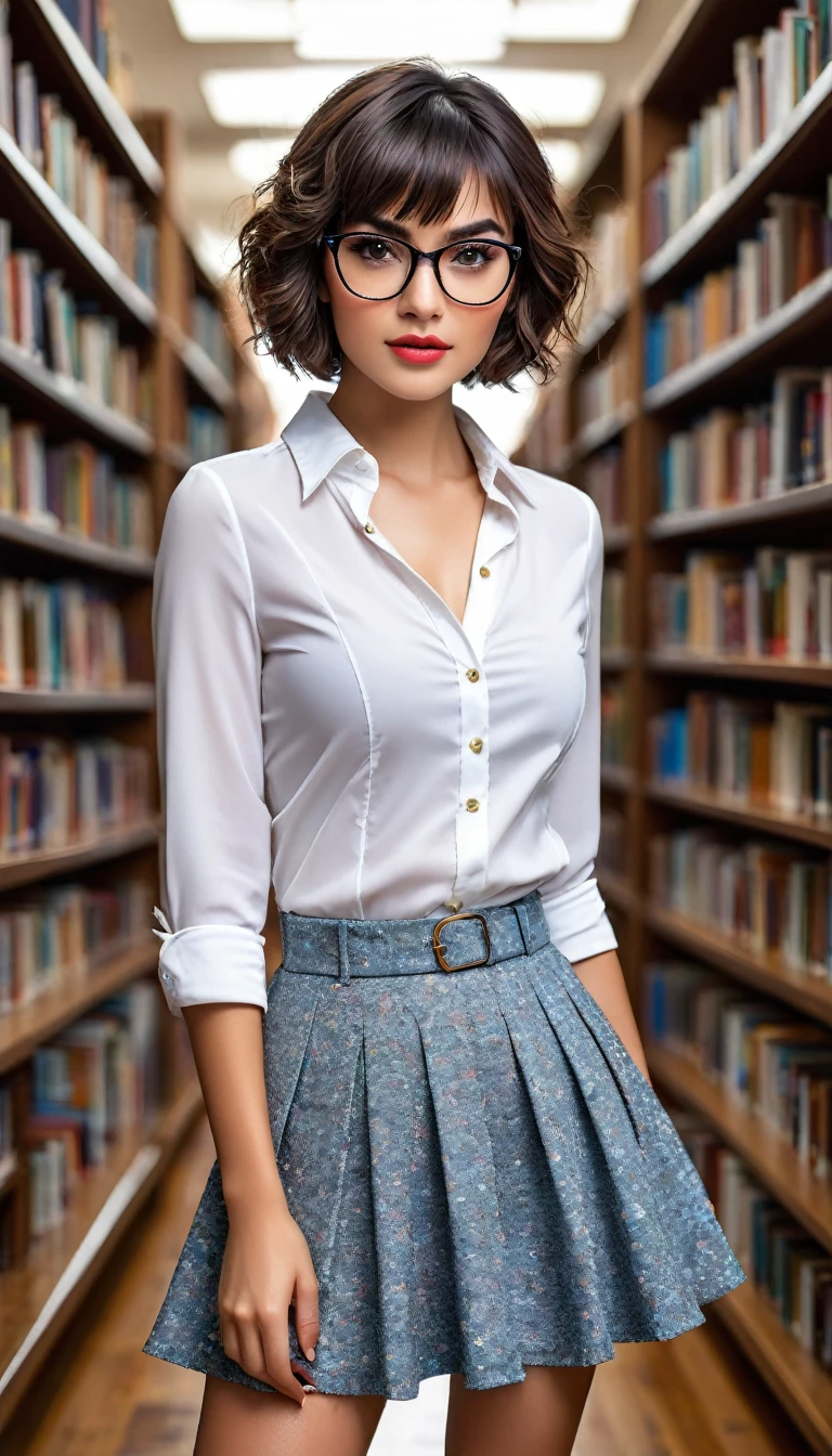 (((beautiful beautiful Isabela Merced, posing for uploadss, looking sexy, ruffled lips, Short and curly hair in different colors, extremely pretty eyes))), ((wearing floral silver necklace)), realistic uploadsgraph, highy detailed, Foco do pointed, (Main lighting), (indoor bookstore environment), artwork, extremely pretty, Perfect beauty, (perfect shape body, Broad Hips, small waist, thick-thighs, firm abs, Body cute, knees, knees, focus on the knees, breasts small), short hair of different colors with bangs, short hair with bangs of different colors cobrindo a testa, short hair with bangs of different colors ((((short hair of different colors with bangs cobrindo a testa)))), ((30 years old)), (extremely detaild 8k wallpaper), ((face detailed)), (((wearing open white shirt, microsaia curta de tweed, knees, knees, very short skirt)), (long dark eyelashes), (looking at the camera), (((cleavage))), (glamor model), (seductive facial expression) (((standing between high shelves full of books))), extremely detaild, artwork, Intricate details, highy detailed, Foco do pointed, skin detailed, realistic skin texture, texture, detailedeyes, high resolution, kodak vision color, uploads_\(ultra\), Post-processing, maximum detail, roughness, real-life, ultra realistic, uploadsrealism, uploadsgraphy, absurderes, RAW uploads, highest quallity, high detail RAW color uploads, professional uploads, extremely detaild UHD 8k wallpaper unit, best quality, high resolution, (artwork, maximum quality, high resolution:1.4), uploads, cinematic, film grain, pointed, soft natural light, magic uploadsgraphy, super verbose, ((whole body: legs 1.7)), librarian glasses, nerd glasses, ((pleated miniskirt: miniskirt 1.6)), unbuttoned blouse with cleavage, bellybutton, navel, cleavage, (Head to knee, all-body: knees 1.3), horny, lascivious