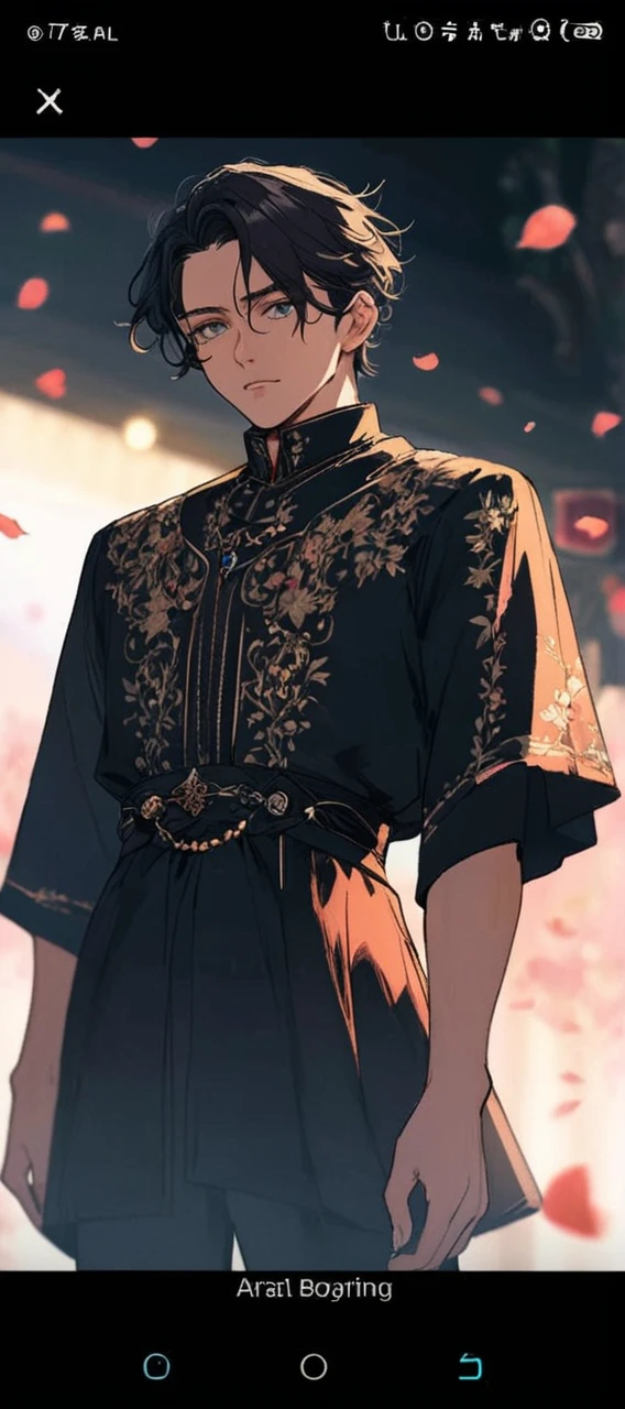 a close up of a person in a dress with flowers in the background, delicate androgynous prince, ((wearing aristocrat robe)), handsome guy in demon slayer art, beautiful androgynous prince, robe. extremely high details, ornate flowing robe, very detailed and rich clothing, ornate clothing, high details on clothes, imperial royal elegant clothing, ornate attire