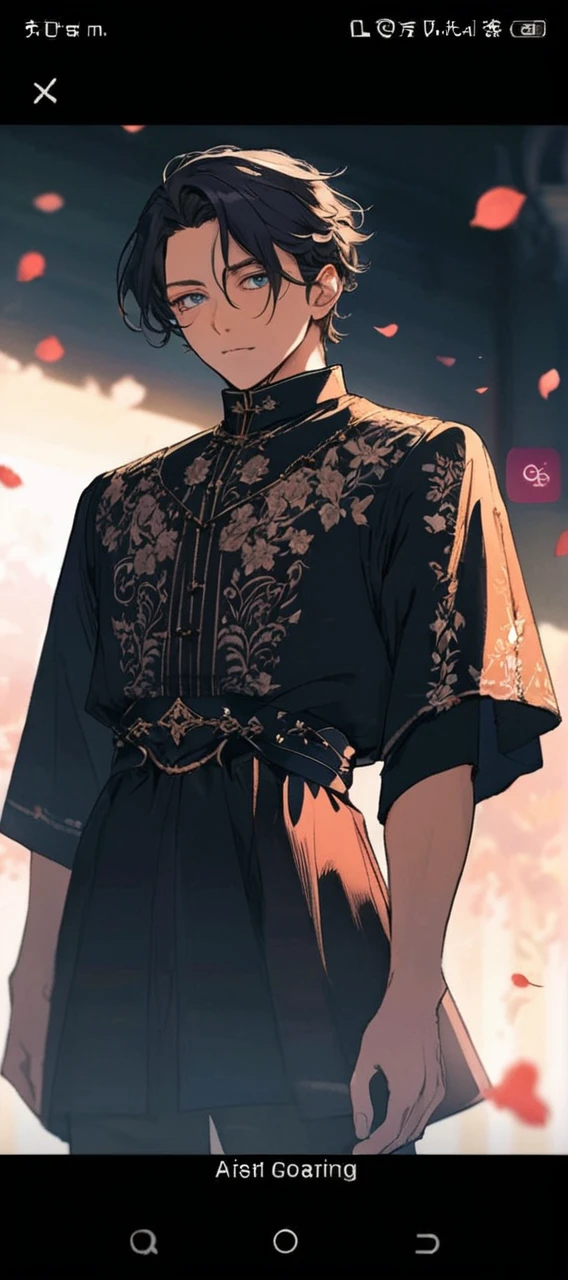 a close up of a person in a dress with flowers in the background, delicate androgynous prince, ((wearing aristocrat robe)), handsome guy in demon slayer art, beautiful androgynous prince, robe. extremely high details, ornate flowing robe, very detailed and rich clothing, ornate clothing, high details on clothes, imperial royal elegant clothing, ornate attire