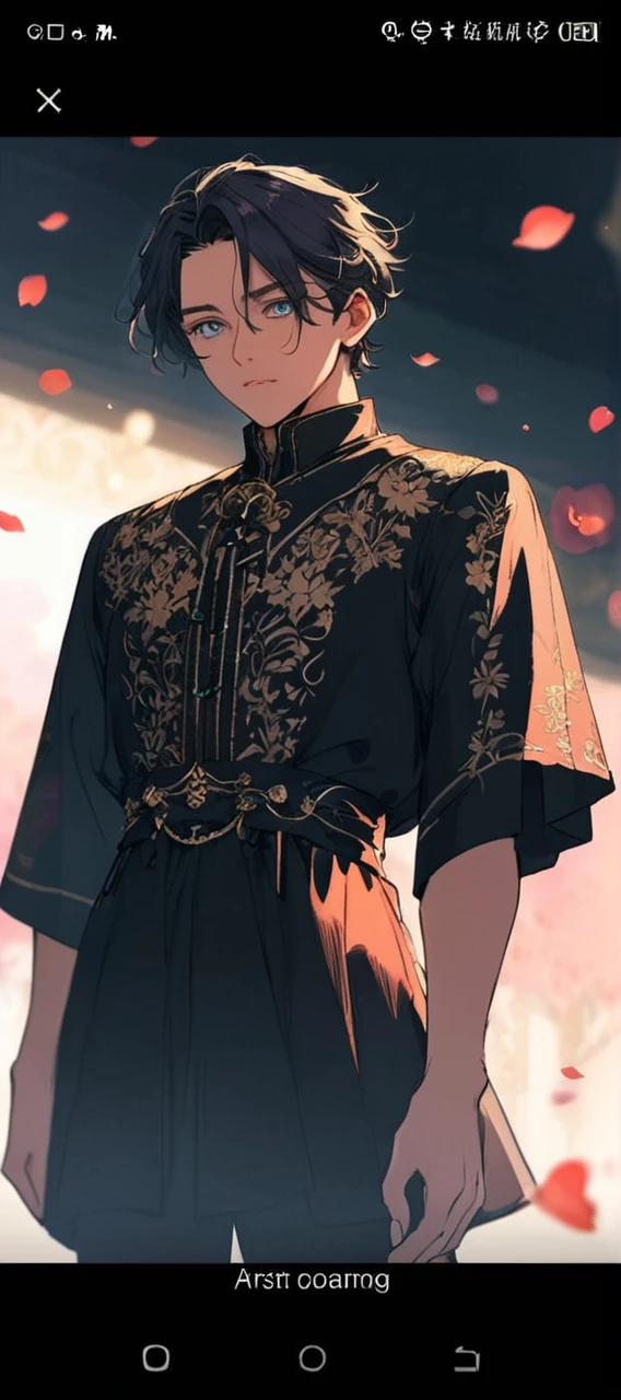 a close up of a person in a dress with flowers in the background, delicate androgynous prince, ((wearing aristocrat robe)), handsome guy in demon slayer art, beautiful androgynous prince, robe. extremely high details, ornate flowing robe, very detailed and rich clothing, ornate clothing, high details on clothes, imperial royal elegant clothing, ornate attire