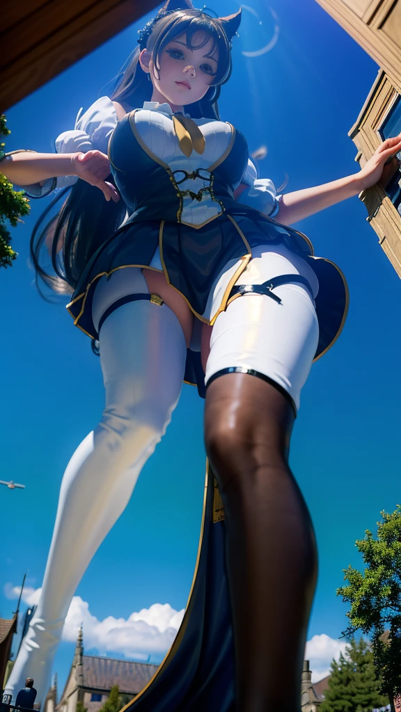 Full body description、(Fisheye Lens)、Medieval European town、((((A girl bigger than the city))))、(((Azur Lane Cheshire Cosplay)))Looking up from below,50 foot tall giant girl,Has super long legs,((Bend)),((A pair of huge breasts)),((Plump thighs))、high school student,mini skirt,Long black hair,Beautiful appearance,Exquisite makeup,quality,8k,High quality,(governor:1.5),Perfect Proportions, Cinema Lighting,Film Grain,The Colors of Fuji,8k,Textured skin,Super Detail,High detail,high quality,High resolution