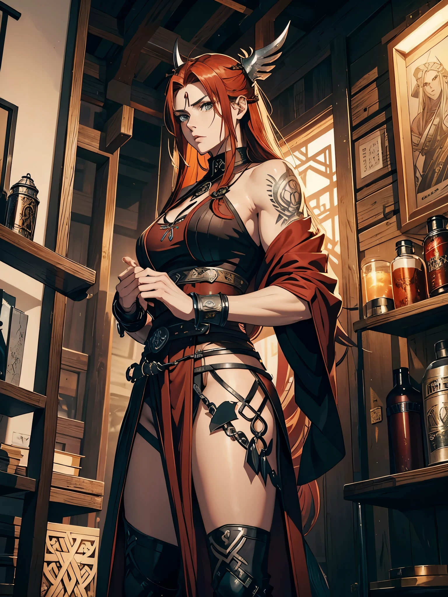 Older. More anime. 2d. Glow. Nordic clothing. Sidecut. Viking hairstyle. Long robe. masculine, Viking clothing. Red hair. woman. flat. freya. Goddess of War. Muscles. strength. Feuermagie. Brown robe. Viking warrior. Celtic Tattoos. silver jewelry. Brown clothes. Rotes Make Up.