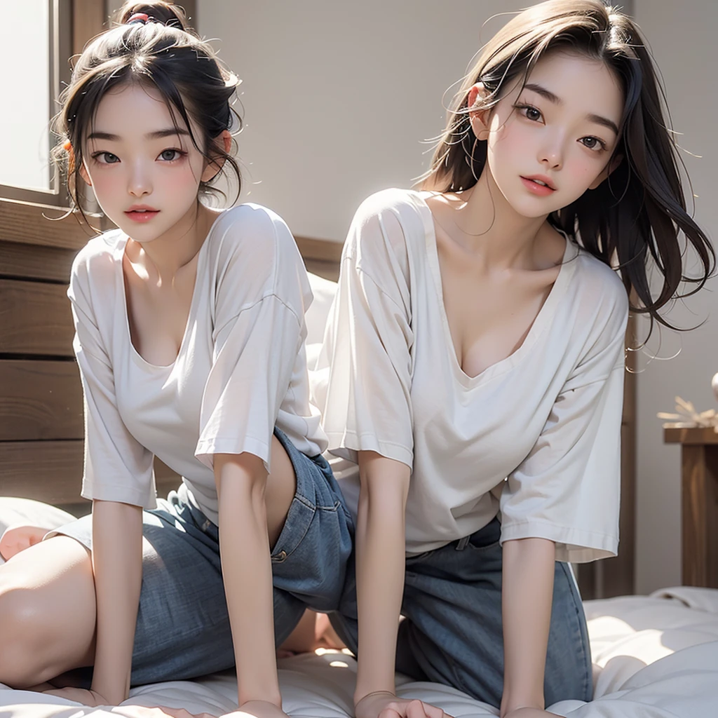 The girl is on all fours, Wipe the floor with a cloth using both hands, In my room, Girl in white T-shirt and shorts, Big Breasts, Cleavage, (Cute illustrations:1.2), High resolution, Very detailed, Highest quality, Troubled eyebrows, Embarrassing,