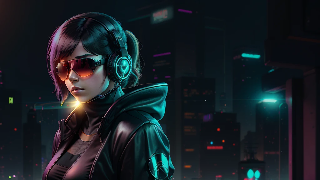 cyberpunk city, blade runner vibes. 8k octane render, in style of Beeple, Dan Mumford. (((((1girl, solo, alone))))), large-breast:1.2 slim body, cleavage:1.1, sexy miniskirt, ((((headphone, black sunglasses, standing and holding pistol pose)))), (((half-body thigh level medium shot))), cinematic lighting, lens flare, ray tracing.