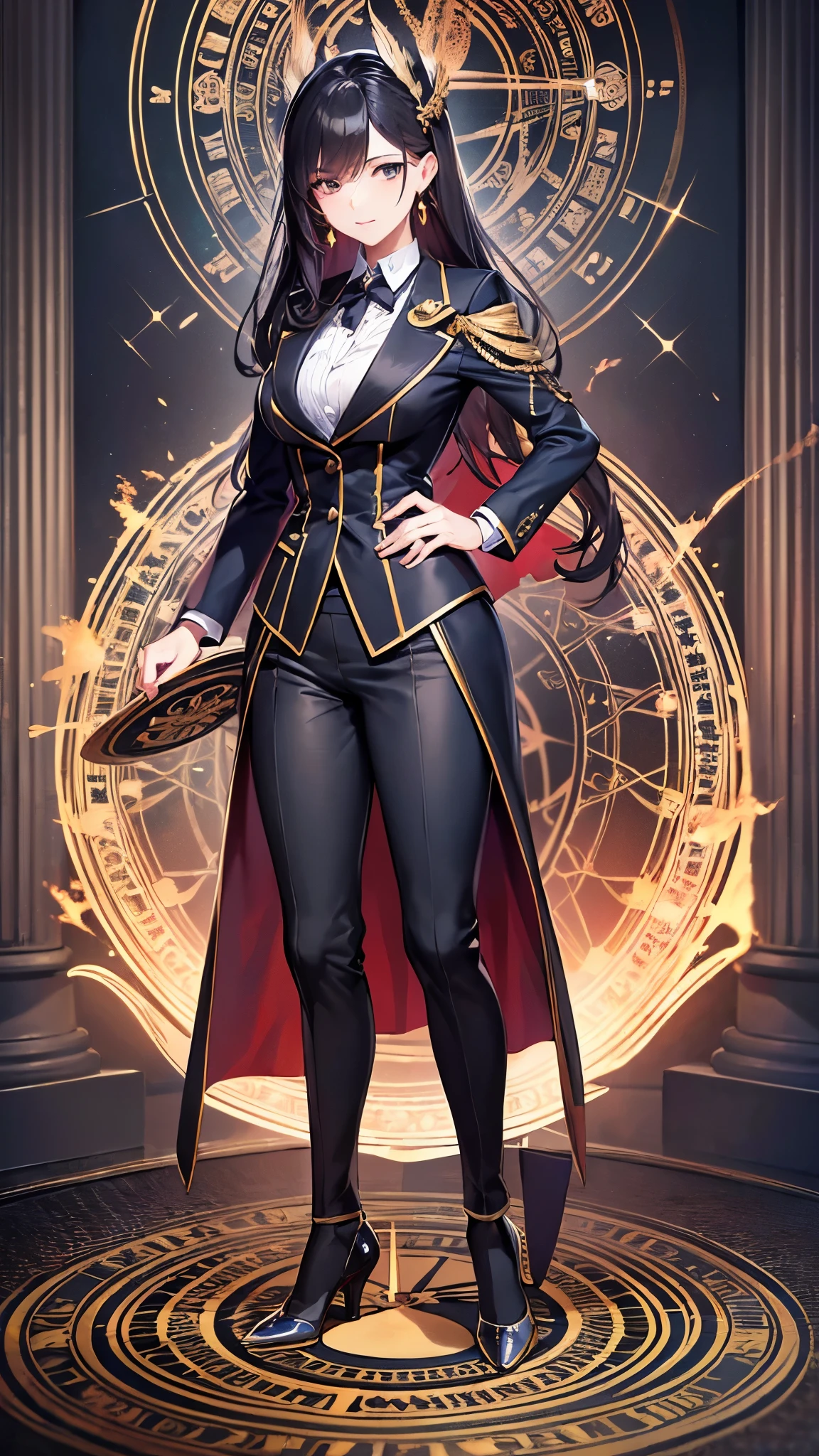 ((Highest quality)),(Ultra-high resolution),(Super detailed),(Detailed Description),((The best CG)),(masterpiece),Highly detailed art,(Art with precise detail:1.5), (A woman wearing a neatly tailored suit:1.6),(Handsome face:1.3),Confident expression:1.3,(Enamel pumps:1.4), (Stand on the magic circle of fire:1.5)