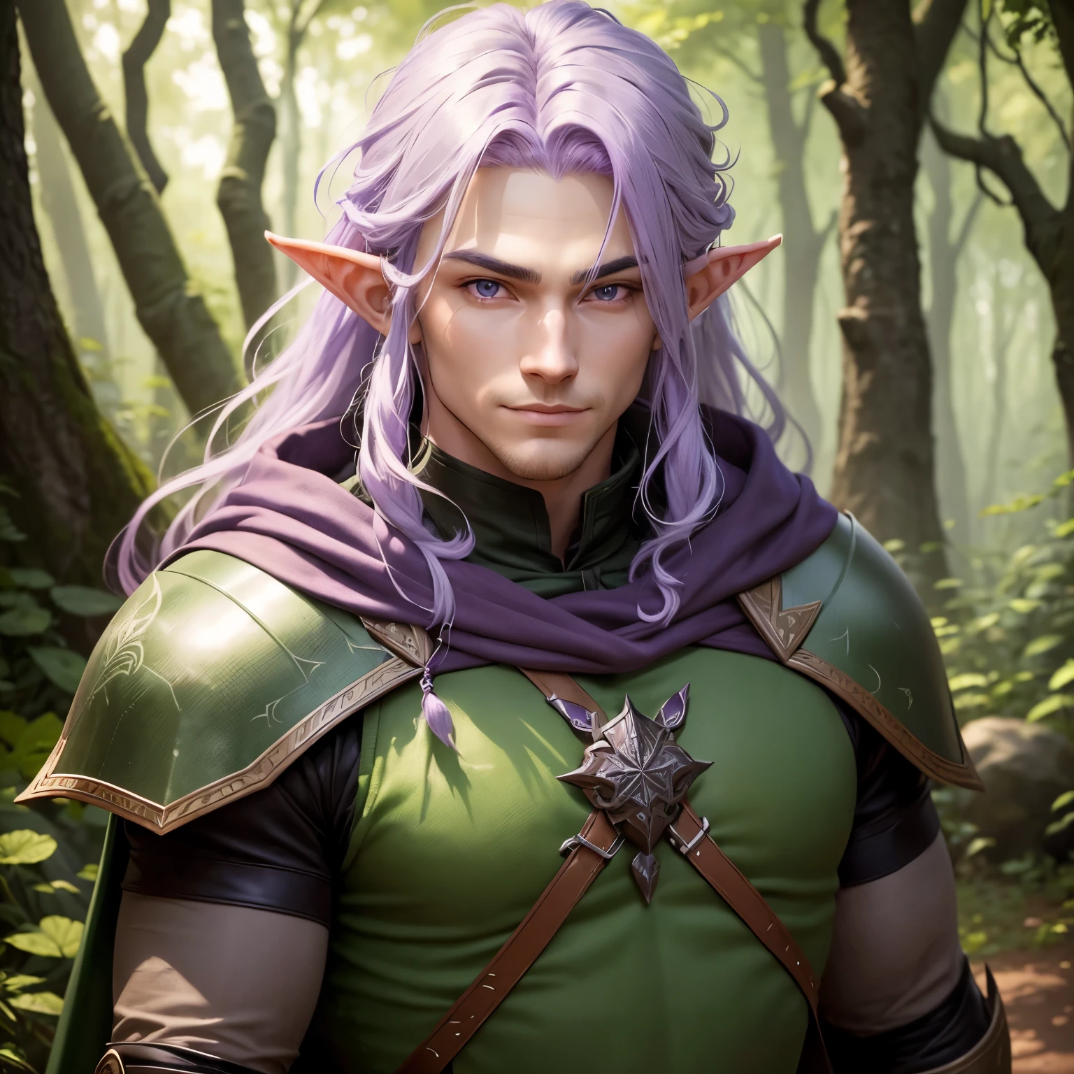 A male Elf Ranger. Born from the forest. Leather armor that blends in with the underbody and cape to become invisible. Long Light Purple Hair with Chunky Design. Super detailed eyes .His gaze would be intense and serious. highly detailed image .shy smile .ready for action at any time.background an enchanted forest.