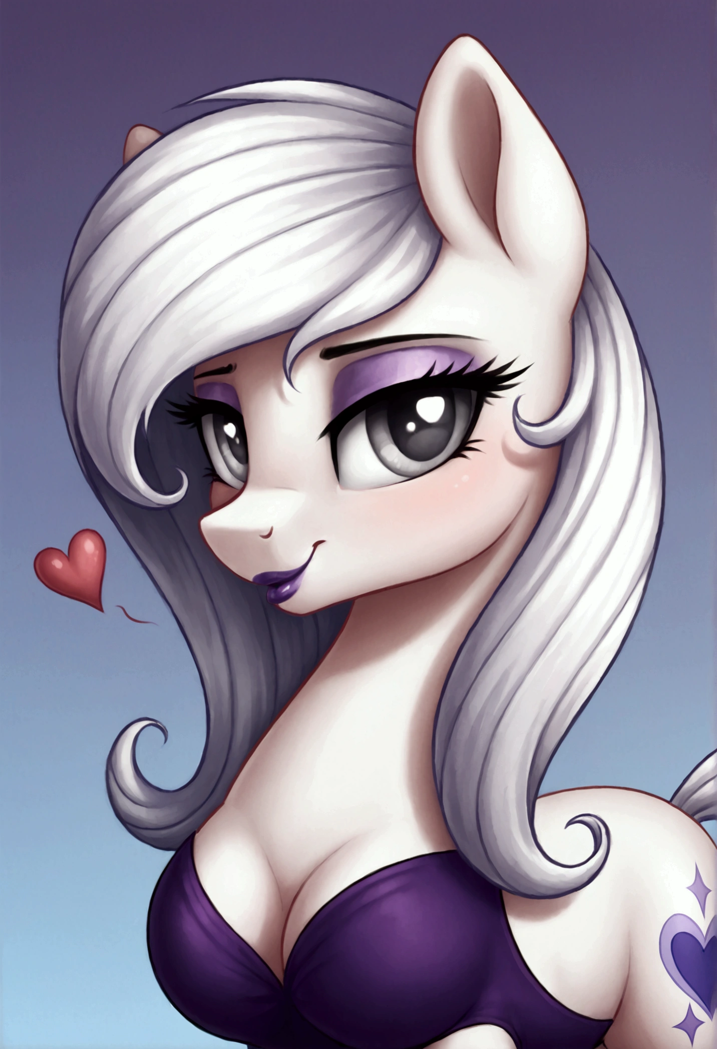 My little pony, (Pony), ((erotic role play costume)), (black half-hair), white hair, (pale white body), gray eyes, medium breasts, purple lips, perfect lines, heart cutie mark