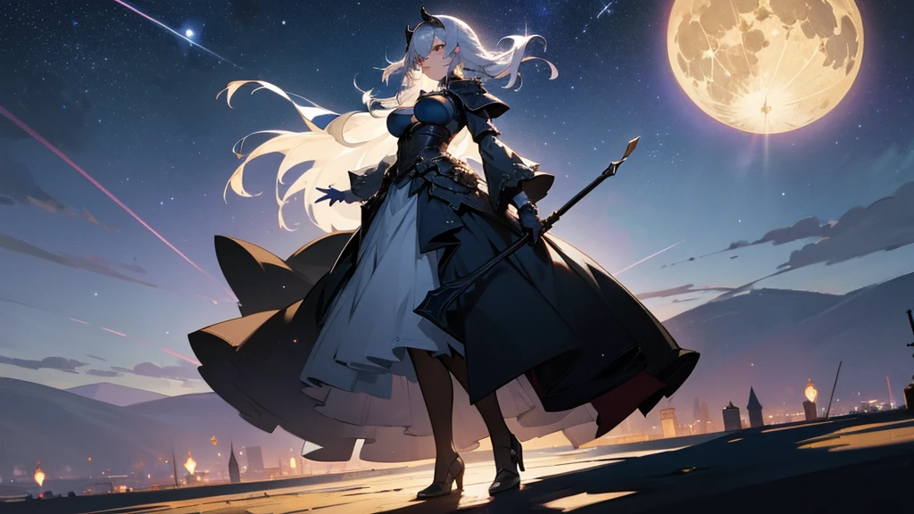 High resolution, masterpiece, Very detailed, One girl, Shortcuts, Silver Hair,Large Breasts, abstract,Black Knight,The background is a starry sky and a full moon,The shadow of a Western castle in the distance