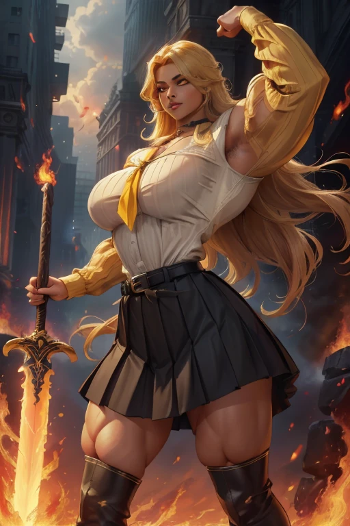 ((Massive tall, beautiful, buff, light brown skinned muscular woman with yellow hair, black lipstick, ginormous bulky muscles, carrying a fire sword and wearing a yellow long sleeve pleated shirt with beautiful long pleated skirt)), ((close view)), (massive muscles), long flowing hair, gray eyes, choker, ((yellow long sleeve pleated shirt and tie)), neck tie, ((beautiful long pleated skirt)), belt, thigh high socks, black boots, (in a fire city), closed smile, night, massive muscles