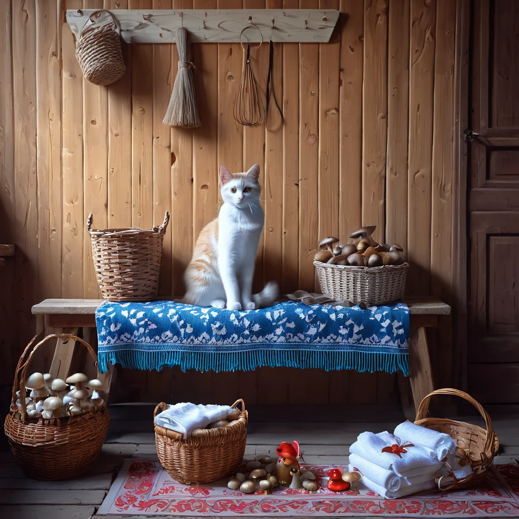  with russet braid knitting socks, sitting on a wooden bench, wearing a russian sundress, a kitty sitting next to her, a basket with mushrooms, two wooden buckets with water on the floor, in the background a hanger on a wooden wall, on the hanger hangs a towel with russian ornaments, next to the rack on the wall hangs a shelf with dishes with Russian ornaments, masterpiece, best quality, (extremely detailed CG unity 8k wallpaper), (best quality), (best illustration), (best shadow), absurd, realistic lighting, (Abyss), beautiful detailed glow, art by PeterMohrBacher,

