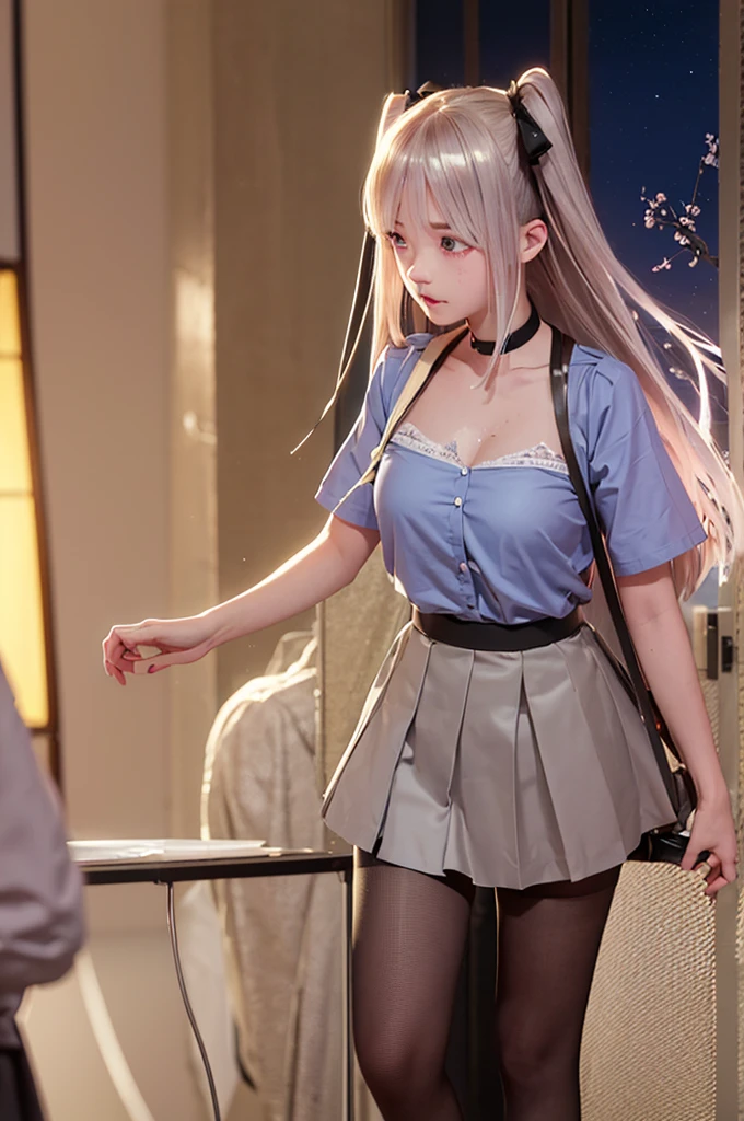 One girl,masterpiece,Highest quality,Blonde,stockings,Checked skirt),Short skirt JK,,Are standing,In total length,Medium chest,Very detailed,[[Realistic]],Beautiful and attractive anime teen,Enchanting anime girl,Swinging skirt,blue eyes, hair ornaments, Hair Ribbon,Show your forehead、Twin tails、Random color school girl uniform、Lace choker, short hair,,No bra,,Very detailed肌, Realistic texture、Very detailed顔, (Beautiful Fine Eyes, ,The girl has a toned figure., Intricate details,Closely、Embarrassed expression、blush、Shining Sweat、Perfect Skin,Sweat is noticeable in the cleavage、Sweating on thighs is noticeable、 Fair skin,Tight waist, Sweating profusely、Sweaty hair、Sweaty clothes、Sweaty、Visible sweat、Sweat-soaked hair、Athlete System、Cherry blossoms fluttering down、Silver Hair、Night cityscape。Reflection of light、moonlight