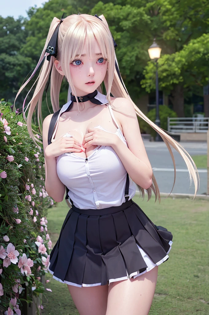 One girl,masterpiece,Highest quality,Blonde,stockings,Checked skirt),Short skirt JK,,Are standing,In total length,Medium chest,Very detailed,[[Realistic]],Beautiful and attractive anime teen,Enchanting anime girl,Swinging skirt,blue eyes, hair ornaments, Hair Ribbon,Show your forehead、Twin tails、Random color school girl uniform、Lace choker, short hair,,No bra,,Very detailed肌, Realistic texture、Very detailed顔, (Beautiful Fine Eyes, ,The girl has a toned figure., Intricate details,Closely、Embarrassed expression、blush、Shining Sweat、Perfect Skin,Sweat is noticeable in the cleavage、Sweating on thighs is noticeable、 Fair skin,Tight waist, Sweating profusely、Sweaty hair、Sweaty clothes、Sweaty、Visible sweat、Sweat-soaked hair、Athlete System、Cherry blossoms fluttering down、Silver Hair、Night cityscape。Reflection of light、moonlight