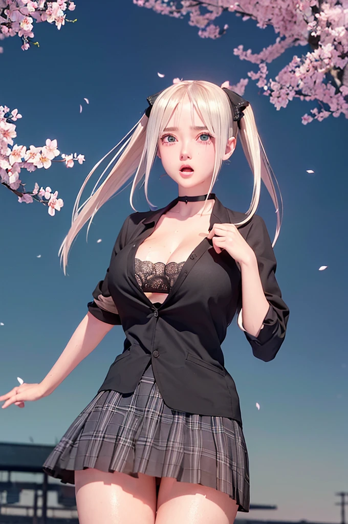 One girl,masterpiece,Highest quality,Blonde,stockings,Checked skirt),Short skirt JK,,Are standing,In total length,Medium chest,Very detailed,[[Realistic]],Beautiful and attractive anime teen,Enchanting anime girl,Swinging skirt,blue eyes, hair ornaments, Hair Ribbon,Show your forehead、Twin tails、Random color school girl uniform、Lace choker, short hair,,No bra,,Very detailed肌, Realistic texture、Very detailed顔, (Beautiful Fine Eyes, ,The girl has a toned figure., Intricate details,Closely、Embarrassed expression、blush、Shining Sweat、Perfect Skin,Sweat is noticeable in the cleavage、Sweating on thighs is noticeable、 Fair skin,Tight waist, Sweating profusely、Sweaty hair、Sweaty clothes、Sweaty、Visible sweat、Sweat-soaked hair、Athlete System、Cherry blossoms fluttering down、Silver Hair、Night cityscape。Reflection of light、moonlight