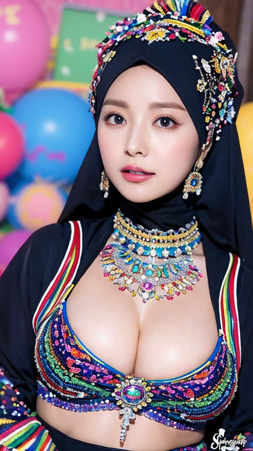 colorful, null, Flowers, Magic, Fantasy, That, Highest quality,beautiful detailed hijabi,Fascinating face,Tzuyu loves YooA ,Long eyelashes,Wearing a colorful bellydancer,Detailed explanation,huge ,Cleavage, Underbust, Side bust,Looking into the camera, Hogwarts