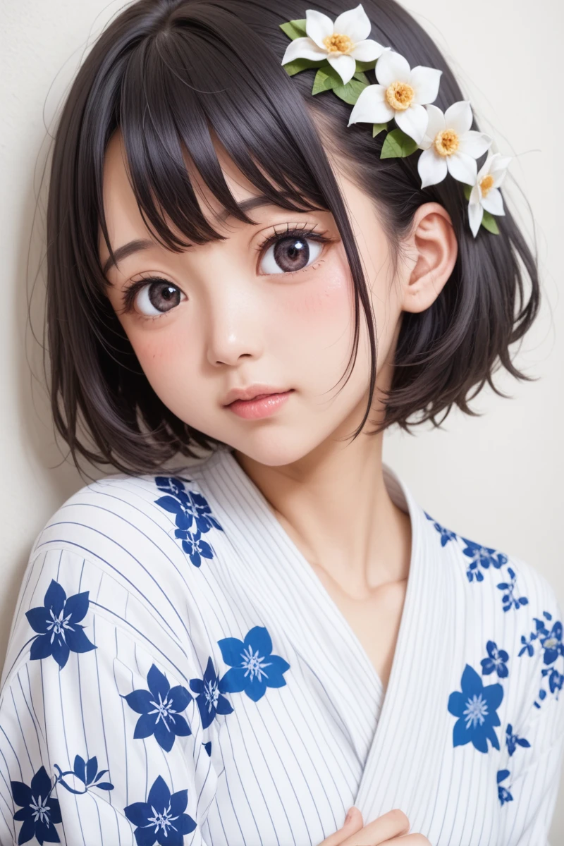 score_9,score_8_superior,score_7_superior,8k, High resolution, 5 years old、beautiful girl, bright black hair, Thin Hair, Small face, cute、Highest quality,Japanese face、small mole on the corner of the eye,((Puffy eyes))、(superior目づかい)、Short Bob、Riverbank、口角superiorがる、Beautiful legs、Flower Hair Ornaments、sexy、Sensual、Blushing、A yukata with a white background and bright red, blue and black floral patterns scattered throughout