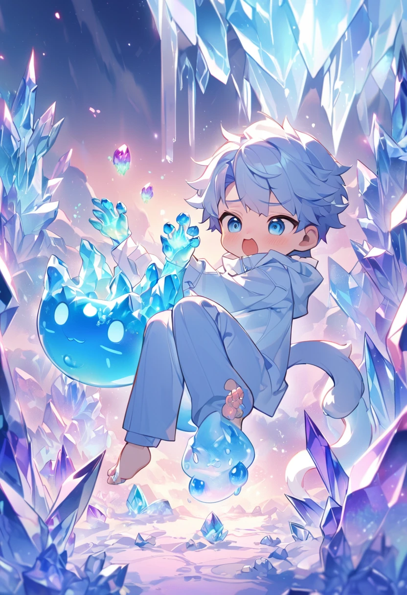 Little male cat,boy,There is a tail,cute,Thin,struggle,Everlasting,Crystallization,Blue slime,Feet turned into crystal,Hands turn into crystal,Crystal Spread Feet,Crystal feet,Crystal hands,illumination,freeze,脚被freeze,charming,boy们 ,蓝色Crystal feet,穿着Tight Fit衣,plastic,Full body portrait,smooth,全身Tight Fit衣,Thin,Light blue gel coat,Full body gel coat,outdoor,Naked,Small pants,Tight Fit,No clothes