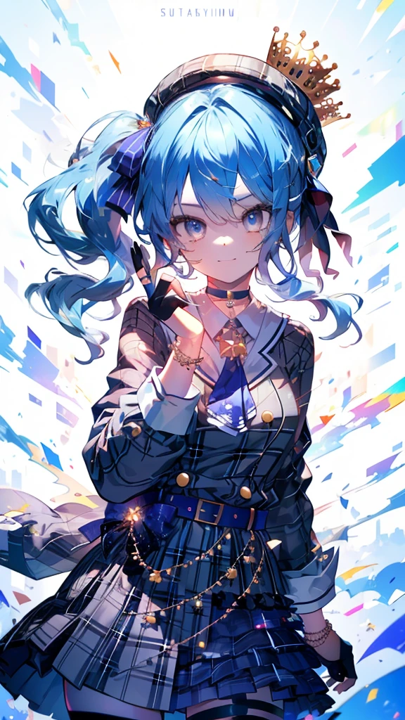 (Ultra-high resolution,masterpiece, Attention to detail, Highest quality), 8k,(sui1, 1girl, 独奏, side ponytail, Hoshimachi Suisei, fingerless gloves, single thighhigh, jewelry, thigh strap, bracelet, buttons, plaid dress, blue choker, blue belt, plaid skirt, mini crown, grey skirt, blue ascot, long sleeves, plaid jacket),(Blessed,Captivating body、Ultra-detailed skin、Super beautiful eyes、Detailed Background),One girl、 (cheerful ,enjoy :1.5),