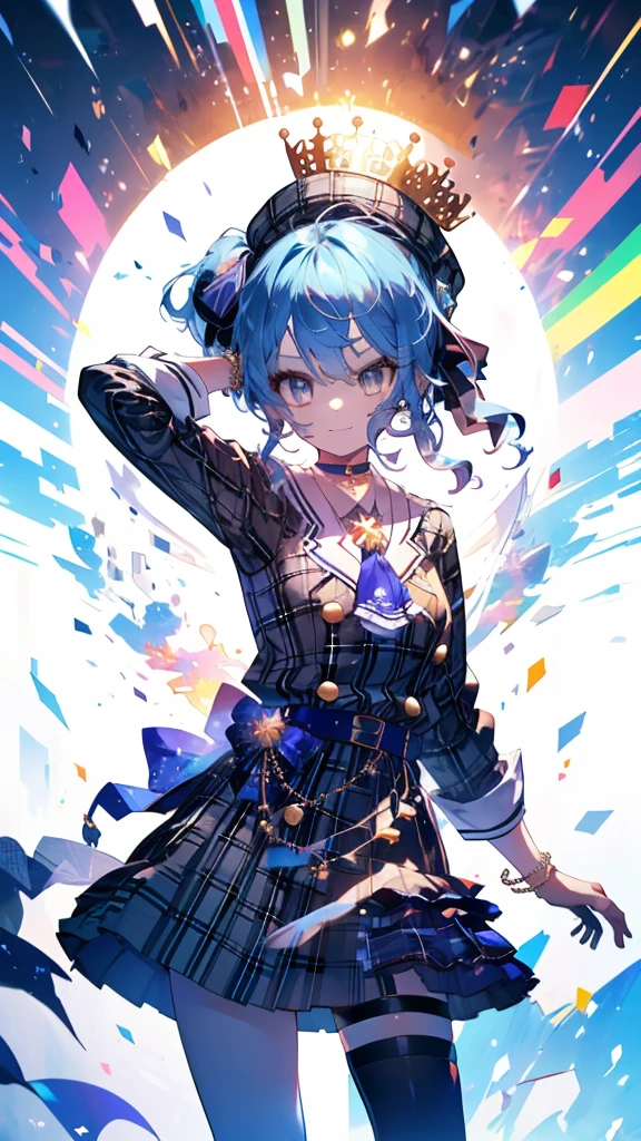 (Ultra-high resolution,masterpiece, Attention to detail, Highest quality), 8k,(sui1, 1girl, 独奏, side ponytail, Hoshimachi Suisei, fingerless gloves, single thighhigh, jewelry, thigh strap, bracelet, buttons, plaid dress, blue choker, blue belt, plaid skirt, mini crown, grey skirt, blue ascot, long sleeves, plaid jacket),(Blessed,Captivating body、Ultra-detailed skin、Super beautiful eyes、Detailed Background),One girl、 (cheerful ,enjoy :1.5),