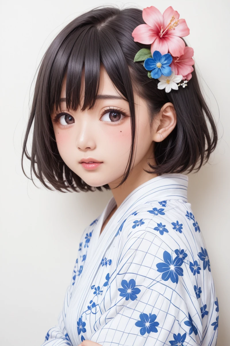 score_9,score_8_superior,score_7_superior,8k, High resolution, 、beautiful girl, bright black hair, Thin Hair, Small face, cute、Highest quality,Japanese face、small mole on the corner of the eye,((Puffy eyes)uperior目づかい)、Short Bob、Riverbank、口角superiorがる、Beautiful legs、Flower Hair Ornaments、sexy、Sensual、Bling、A yukata with a white background and bright red, blue and black floral patterns scattered througho