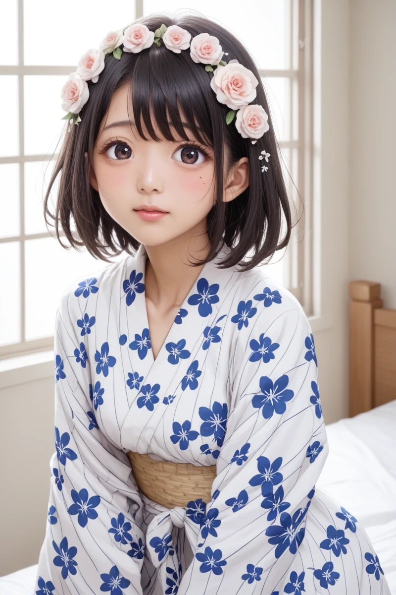 score_9,score_8_superior,score_7_superior,8k, High resolution, 5 years old、beautiful girl, bright black hair, Thin Hair, Small face, cute、Highest quality,Japanese face、small mole on the corner of the eye,((Puffy eyes))、(superior目づかい)、Short Bob、Riverbank、口角superiorがる、Beautiful legs、Flower Hair Ornaments、sexy、Sensual、Blushing、A yukata with a white background and bright red, blue and black floral patterns scattered throughout
