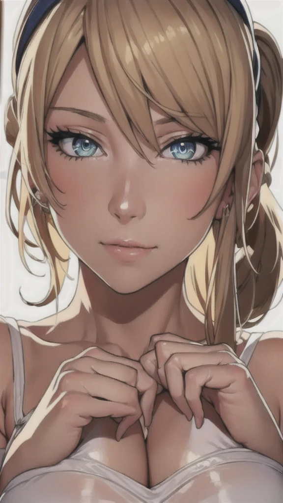 ((Correct Anatomy)),(Female student),((Transparent white camisole)),((Portraiture)),Ultra-high resolution,Mature Woman, Mature Woman, Very detailed,(Big Breasts),Perfect hands, Detailed fingers, Beautiful details, ((Long blonde hair)),((ponytail)), Earrings,Embarrassing,Perfect Eyes, Captivating eyes