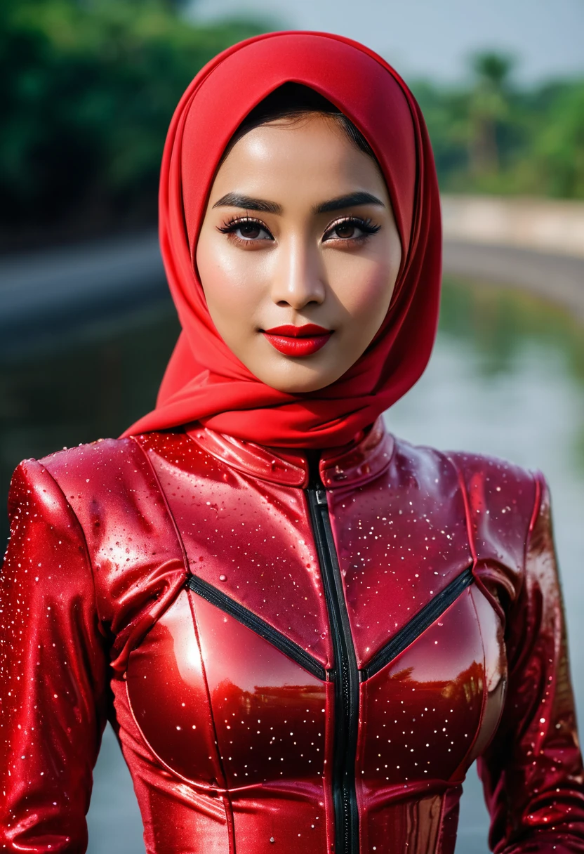 javanese girl , modern red hijab, Red lips, open chest, shy, medium portrait shot , watery eyes , glowing particles, wear Red Kamen Rider Valkry Flexible Suit, toll road full body bokeh background, proportional body