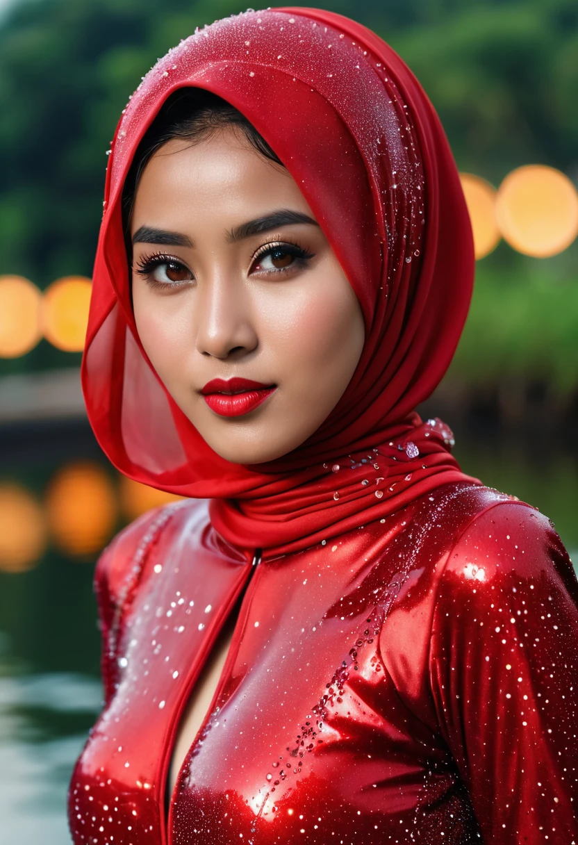 javanese girl , modern red hijab, Red lips, open chest, shy, medium portrait shot , watery eyes , glowing particles, wear Red Kamen Rider Valkry Flexible Suit, toll road full body bokeh background, proportional body