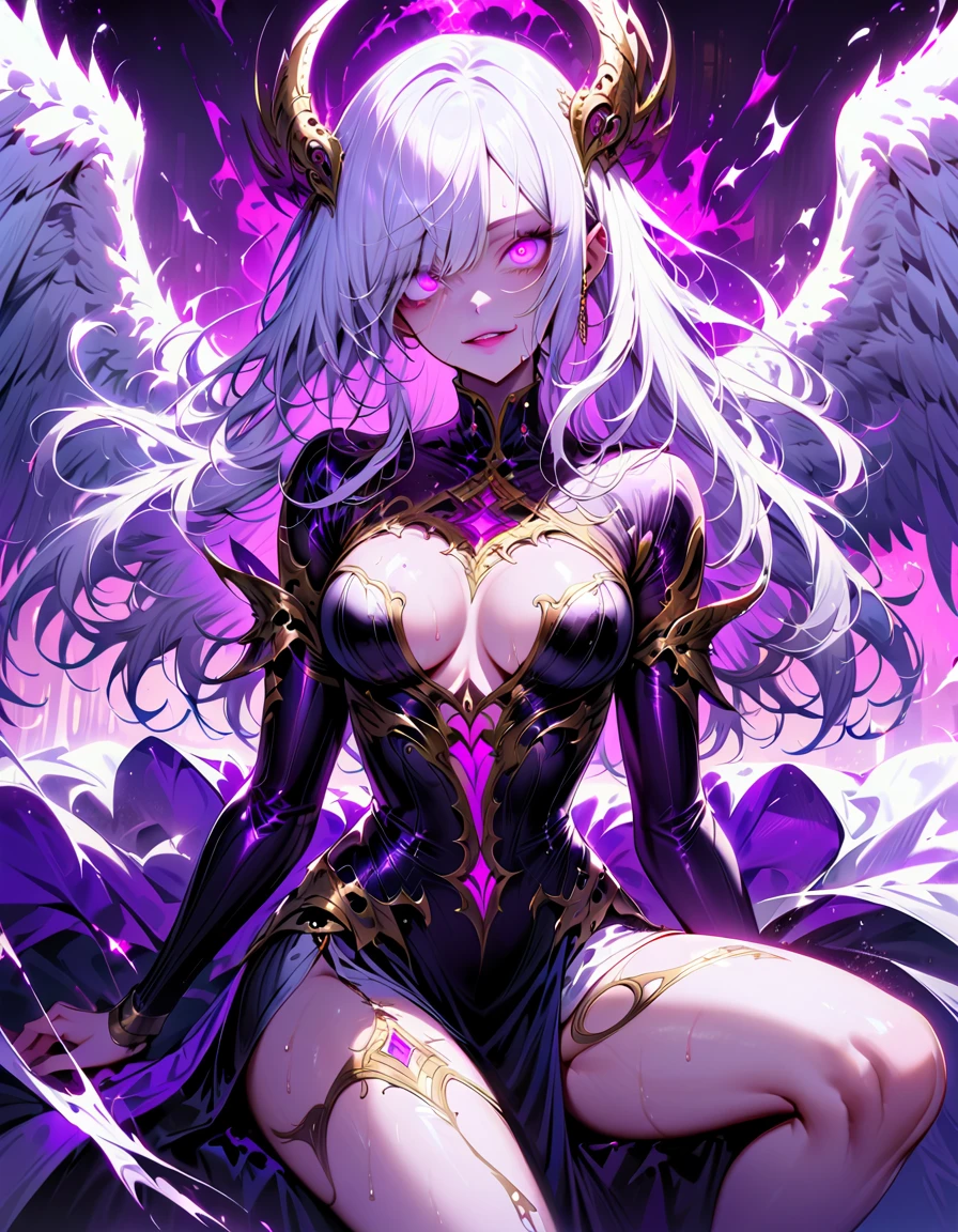 One young and beautiful woman,(Highest quality,Extremely detailed depiction,Incredibly absurd high resolution,Anatomically accurate depiction,Perfect body,Two curvaceous legs),(A fantastic evil goddess in a mysterious costume),(Gorgeous black outfit),eyelash,eye shadow,eyeliner,mascara,Flashy makeup,(Intensely glowing purple eyes,(Crazy Eyes),Glossy Lips,Wicked Smile,There is cleavage in the chest,wing,whole body),Sweat,background:Temple of the Night,Purple light