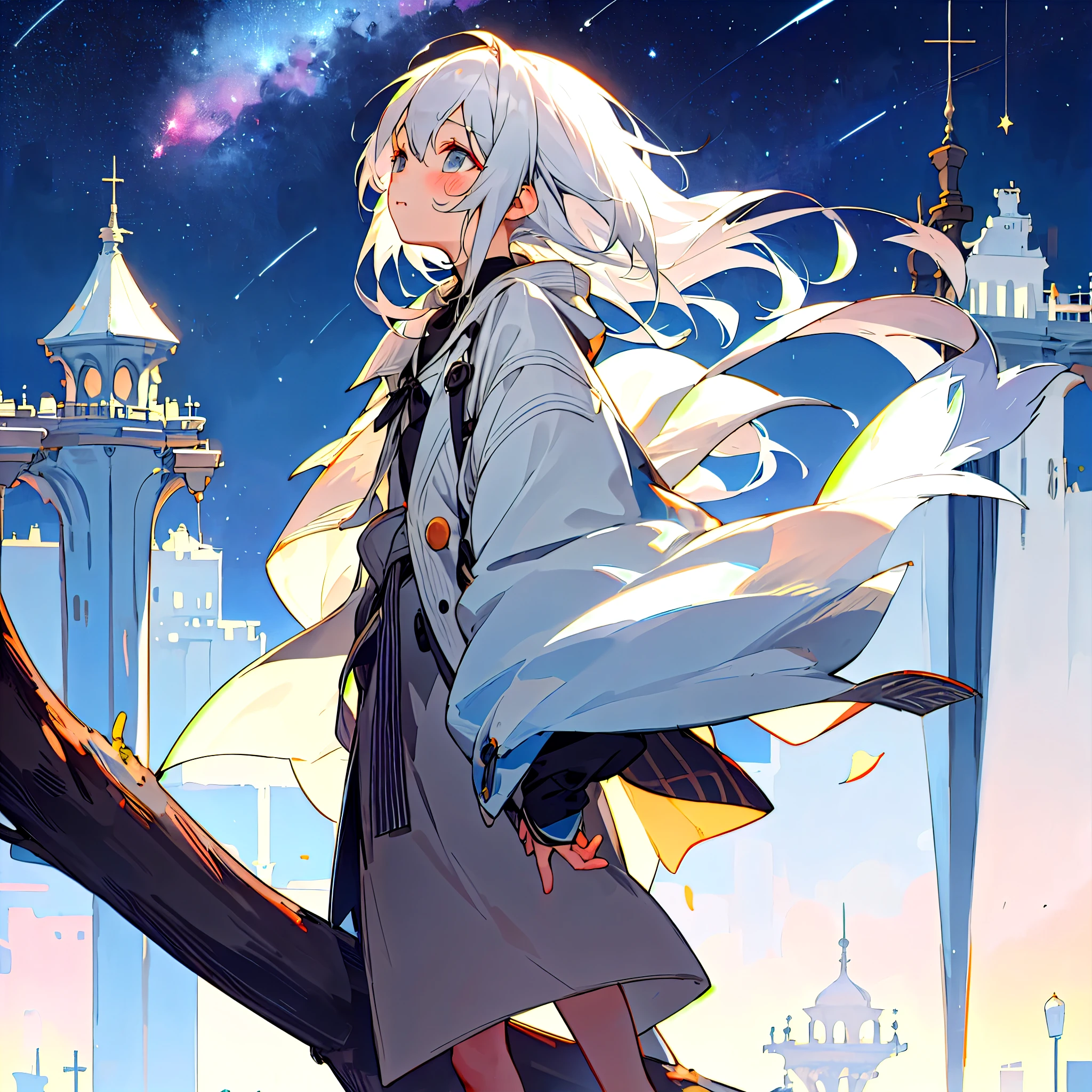 The background is the city, perfect Gray-haired girl, , Gray-haired, Gray-haired god, Cute anime waifu in beautiful clothes, Gray-haired, Best anime 4k konachan wallpaper, Small Curvy , Pixiv ArtStation の guvez, Gray-haired girl, Nightcore, Standing on a tree, Look up at the stars, The face is very detailed