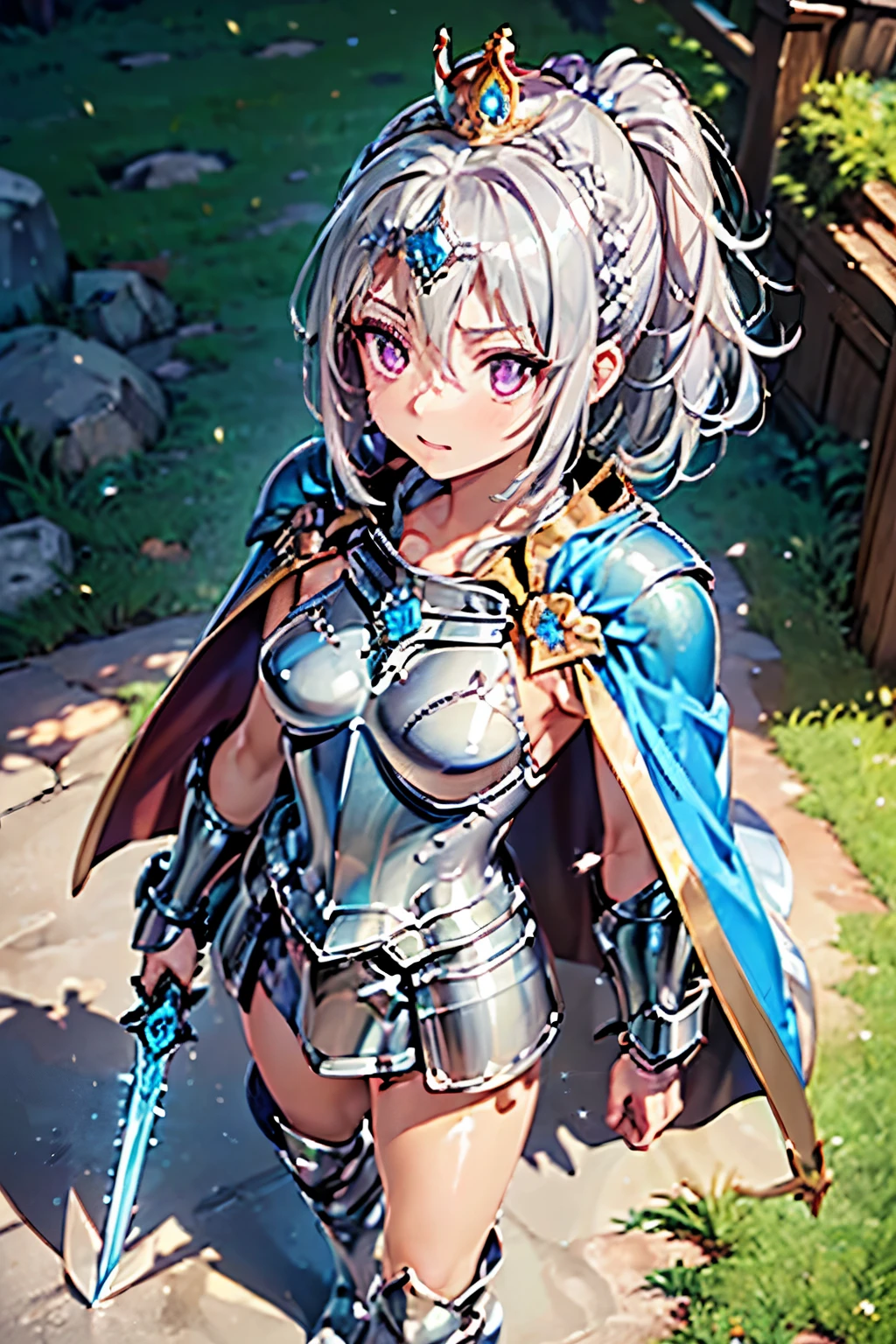 best quality, (masterpiece:1.3), absurdres, highres,16k, ultra high res, official art, illustration,extremely detailed, 1girl, solo, full body, 20yo, delicate lines tailed face, (high ponytail:1.2), (medium hair:1.4), (beautiful silver hair:1.2), (shiny hair:1.2), (beautiful pink eyes:1.2), (shiny eyes:1.2), (small breasts), (gleaming skin:1.4), (cowboy shot:1.5), from above, standing, serious, (brave lady), (fantasy), (armor, diamond sword, shield, crown, boots, cape:1.5), silver background
