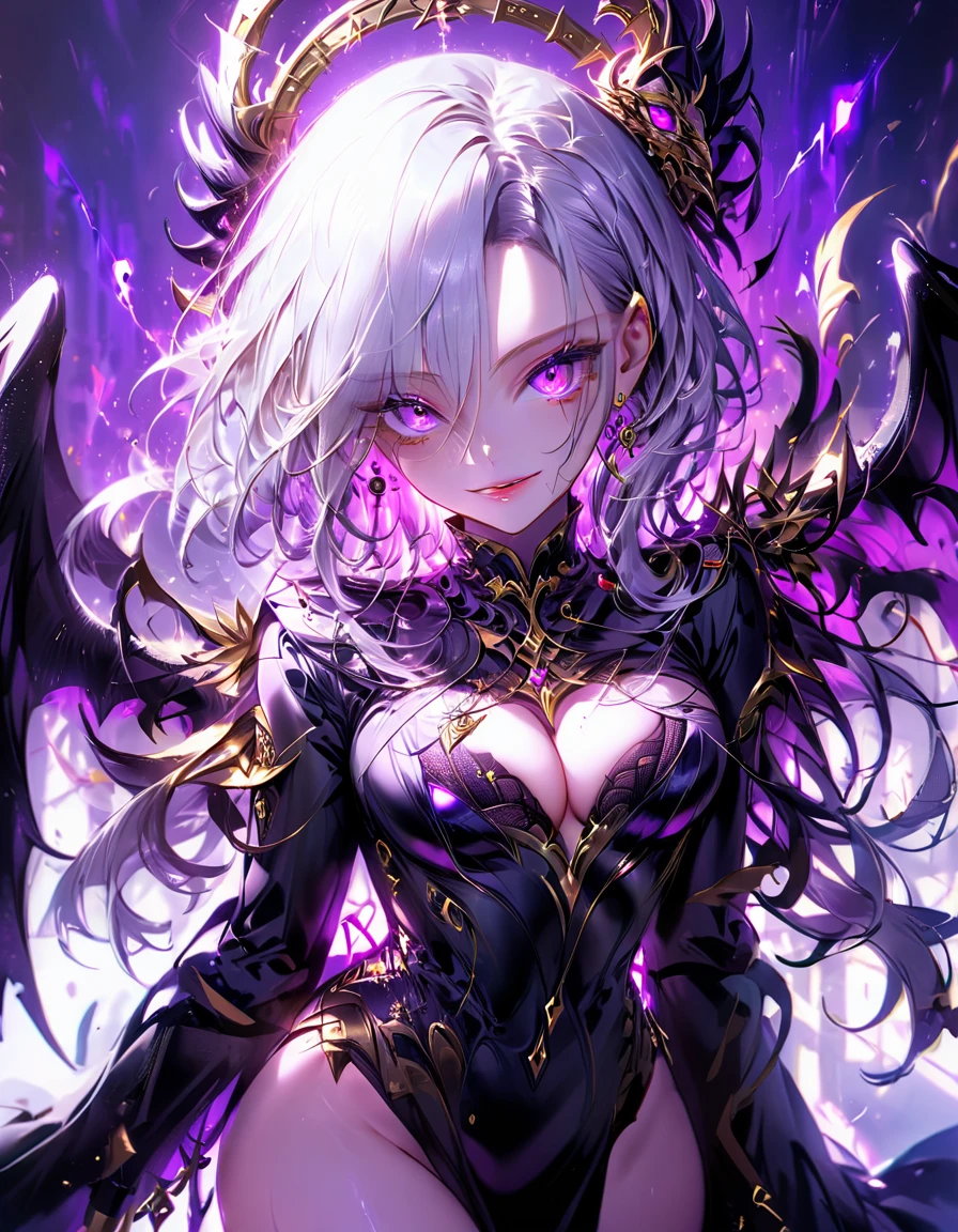 One young and beautiful woman,(Highest quality,Extremely detailed depiction,Incredibly absurd high resolution,Anatomically accurate depiction,Perfect body,Two curvaceous legs),(A fantastic evil goddess in a mysterious costume),(Gorgeous black outfit),eyelash,eye shadow,eyeliner,mascara,Flashy makeup,(Intensely glowing purple eyes,(Crazy Eyes),Glossy Lips,Wicked Smile,There is cleavage in the chest,wing,whole body),Sweat,background:Temple of the Night,Purple light