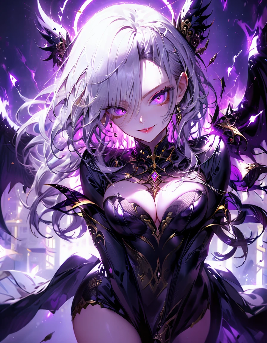 One young and beautiful woman,(Highest quality,Extremely detailed depiction,Incredibly absurd high resolution,Anatomically accurate depiction,Perfect body,Two curvaceous legs),(A fantastic evil goddess in a mysterious costume),(Gorgeous black outfit),eyelash,eye shadow,eyeliner,mascara,Flashy makeup,(Intensely glowing purple eyes,(Crazy Eyes),Glossy Lips,Wicked Smile,There is cleavage in the chest,wing,whole body),Sweat,background:Temple of the Night,Purple light