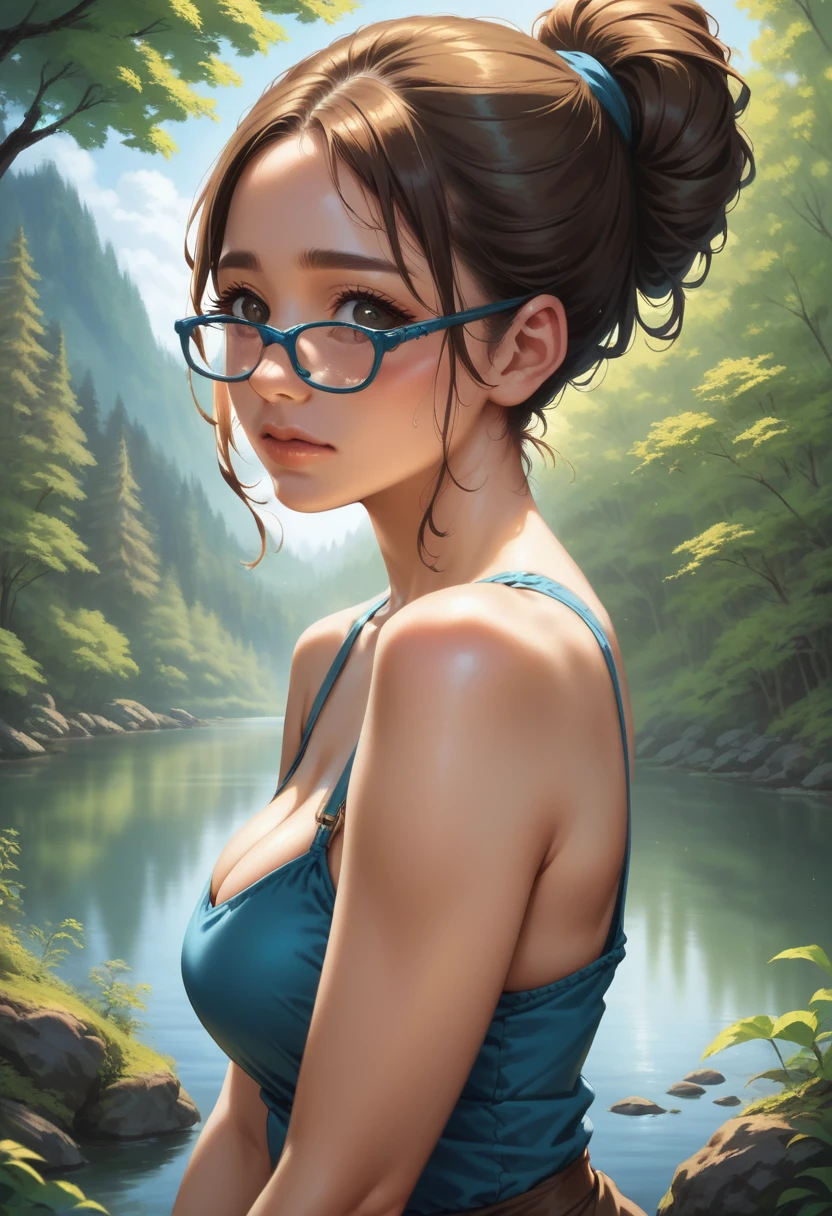 1girl, european girl, 18 years old, long light-brown hair, ponytail curvy hair, cute face, average breast, in lingirie, lake in forest, lake, source_realictic, deatiling painting, brown eyes, detailing body, detailing face, side view, glasses, shy