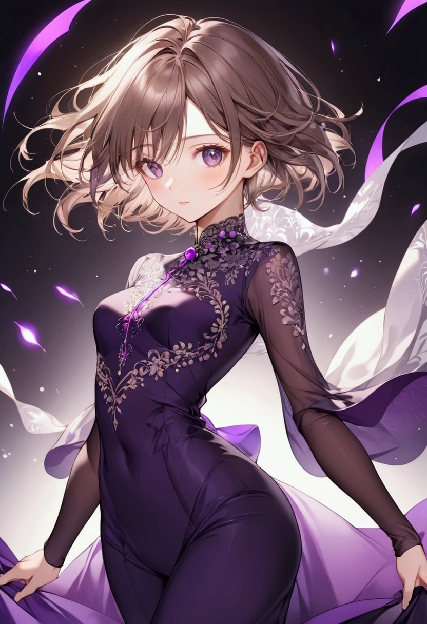 ash brown hair, purple eyes,elegant body,