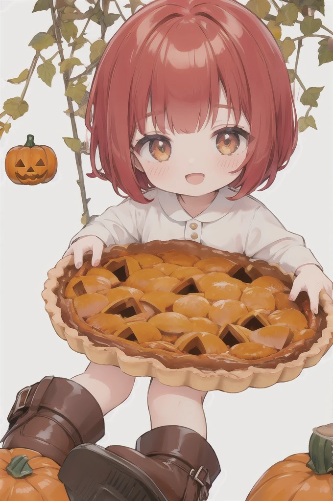 solo, 1girl, deep-red hair, long bob cut, red and gold colored eyes, brown boots, happy, :D, white shirts, orange-colored balloon skirt, sitting on big pumpkin tart, (pumpkin tart:1.4), pumpkin-pie, many pumpkins, grape vines,childbook,[(WHITE BACKGROUND:1.5),::5] HEXAGON