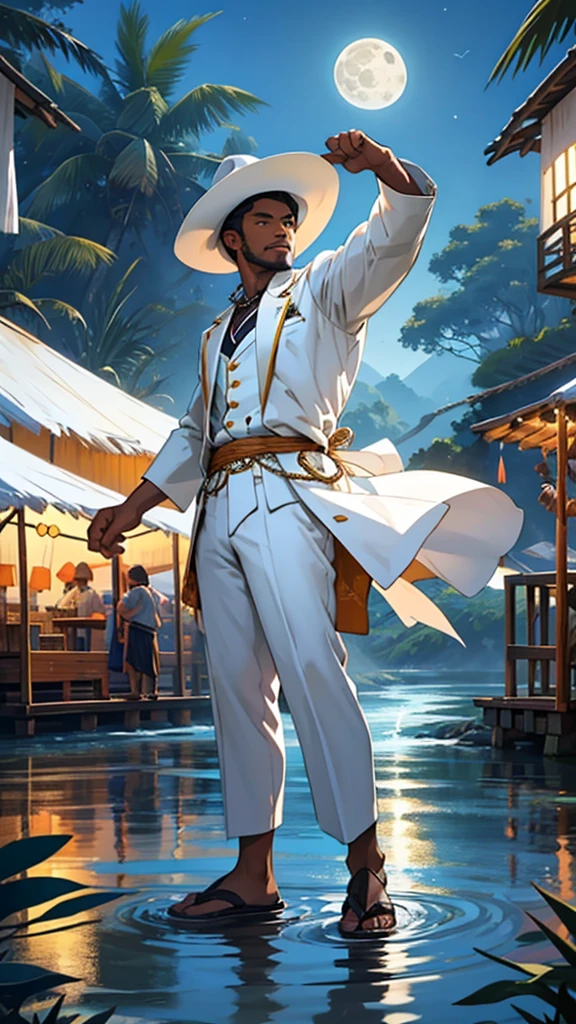 Create an image of a man standing near a river with a full moon in the background. The man has brown skin and is dressed in a white suit and a white hat. In the background, the Amazon River and a village celebrating with festive tents, people dancing, and colorful decorations can be seen.