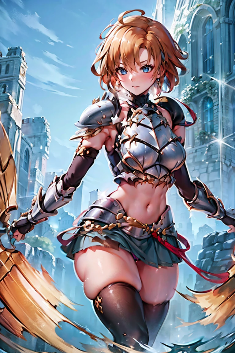 jewelry, bodysuit, fingerless gloves, knight, highleg, (((skin tight))), vambraces, arm guards, (((faulds))), greaves, 1girl,solo,　gauntlets, armored boots, breastplate, pauldrons, shoulder armor, big armors, thighhighs, dare thighs, short hair, pink hair, blue eyes, adult, adult face, fearless face, curvy, perfect proportion, perfect anatomy, perfect body, armored dress knight, plate armor knight, silver knight armor, ahoge, center loincloth, (((skirt))), black legwear, black clothes, black wear, covered arms, masterpiece, masterwork, best quality, super fine illustration, beautiful, ultra detailed beautiful face, cg unity 8k wallpaper, ultra detailed, ultra high res, round face, smile, leotard, absurdres, exquisite, by famous artist, voluptuous, official art, fair skin, gleaming skin, oil skin, shiny skin, sweat, front view, two arms, both arms, perfect arms, perfect fingers, perfect hands, flame and battlefield background, shield, outdoor, perfect eyes, even eyes, symmetrical eyes, clear eyes, ultra detailed beautiful eyes, beautiful thighs, sword, under armor, navel covered clothes, 