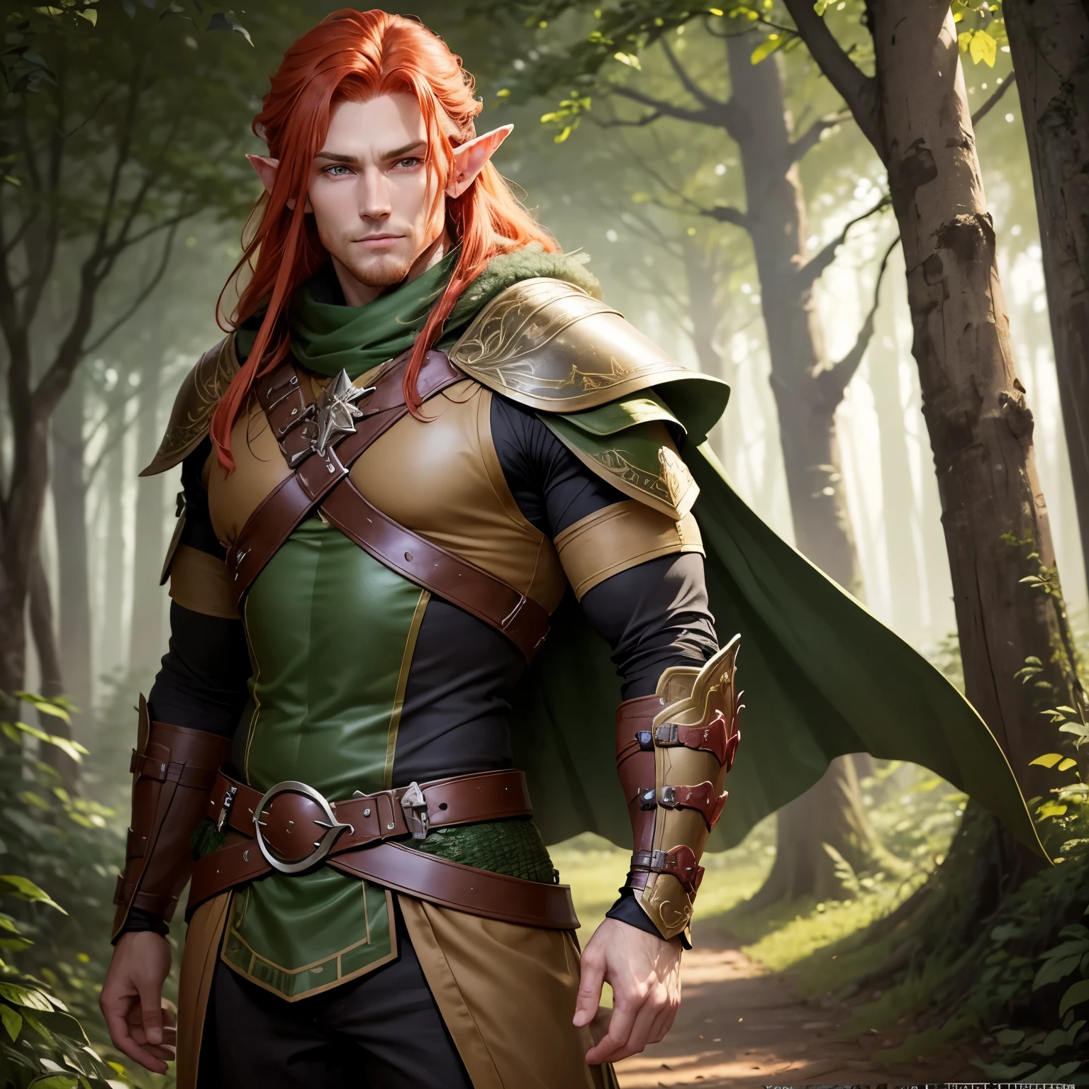 A male Elf Ranger. Born from the forest. Leather armor that blends in with the underbody and cape to become invisible. Long Light Red Hair with Chunky Design. Super detailed eyes .His gaze would be intense and serious. highly detailed image .shy smile .wide chin.ready for action at any time.background an enchanted forest.