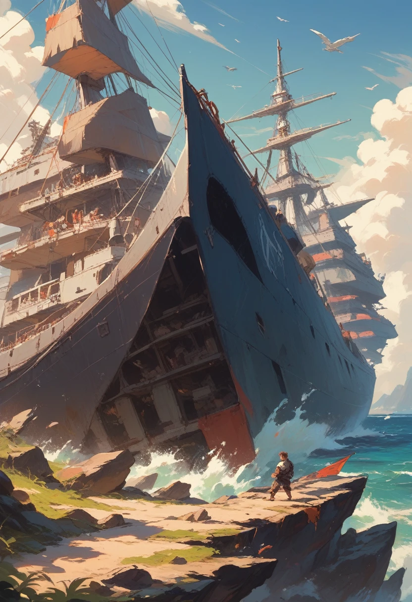 The crashed ship lies on a rocky terrain