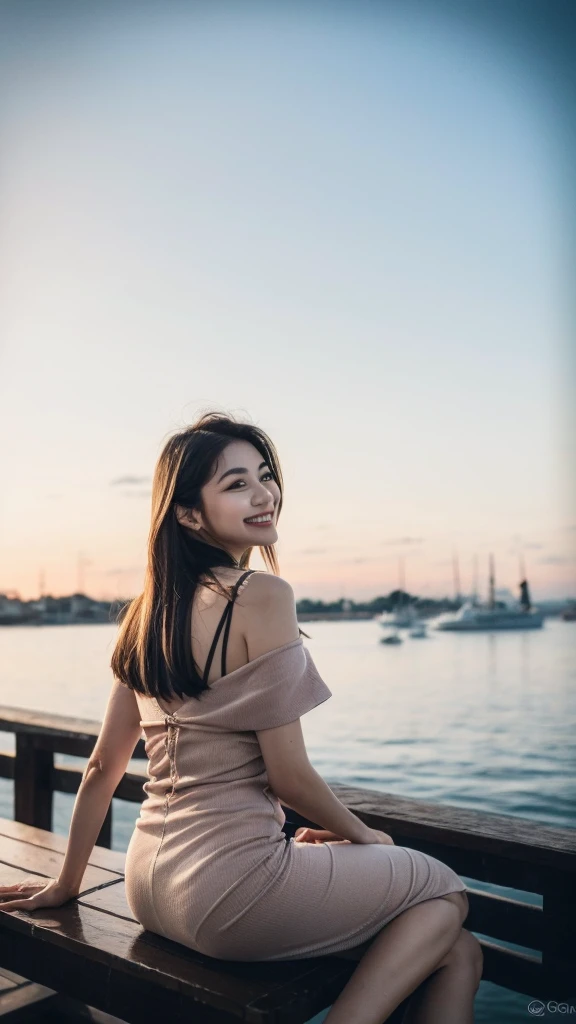(8k, Highest quality, masterpiece: 1.2), (Realistic, photoRealistic: 1.37), Very detailed, Girl Single, cute, alone, Midnight, Beautifully detailed skies, Detailed Cafe, Sitting, date, (blush), (smile: 1.15), Small breasts (Mouth closed), Beautiful Eyes, Floating Hair NovaFrogStyle, backless dress