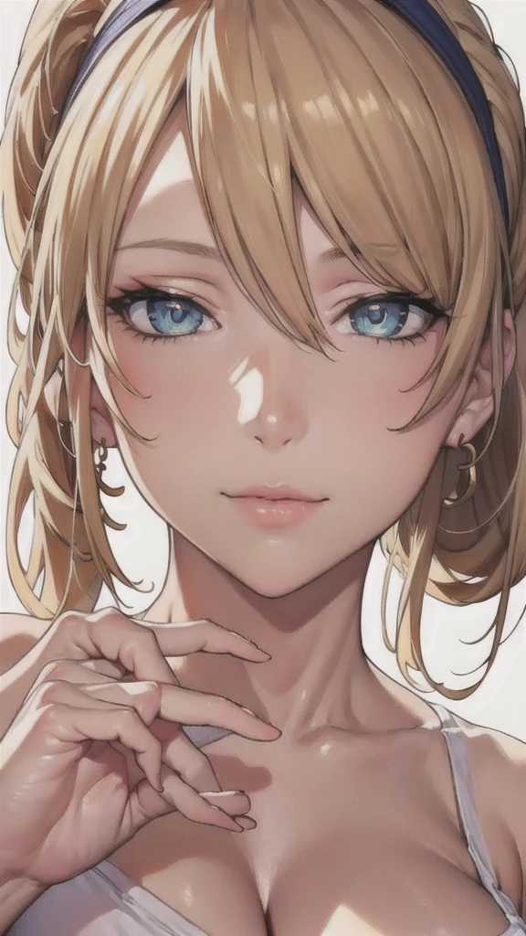 ((Correct Anatomy)),(Female student),((Transparent white camisole)),((Portraiture)),Ultra-high resolution,Mature Woman, Mature Woman, Very detailed,(Big Breasts),Perfect hands, Detailed fingers, Beautiful details, ((Long blonde hair)),((ponytail)), Earrings,Embarrassing,Perfect Eyes, Captivating eyes