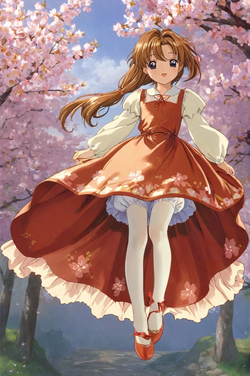 10 year old girl underwear, Sakura Kinomoto、Realistic bloomers made from patterned cotton fabric, Medieval one-piece dress with panniers, Fabric Realism, Low - Angle, I see bloomers, Pull up the dress by hand, Strong winds, Translucent slip, Translucent slip, tights, Highest quality,  whole body
