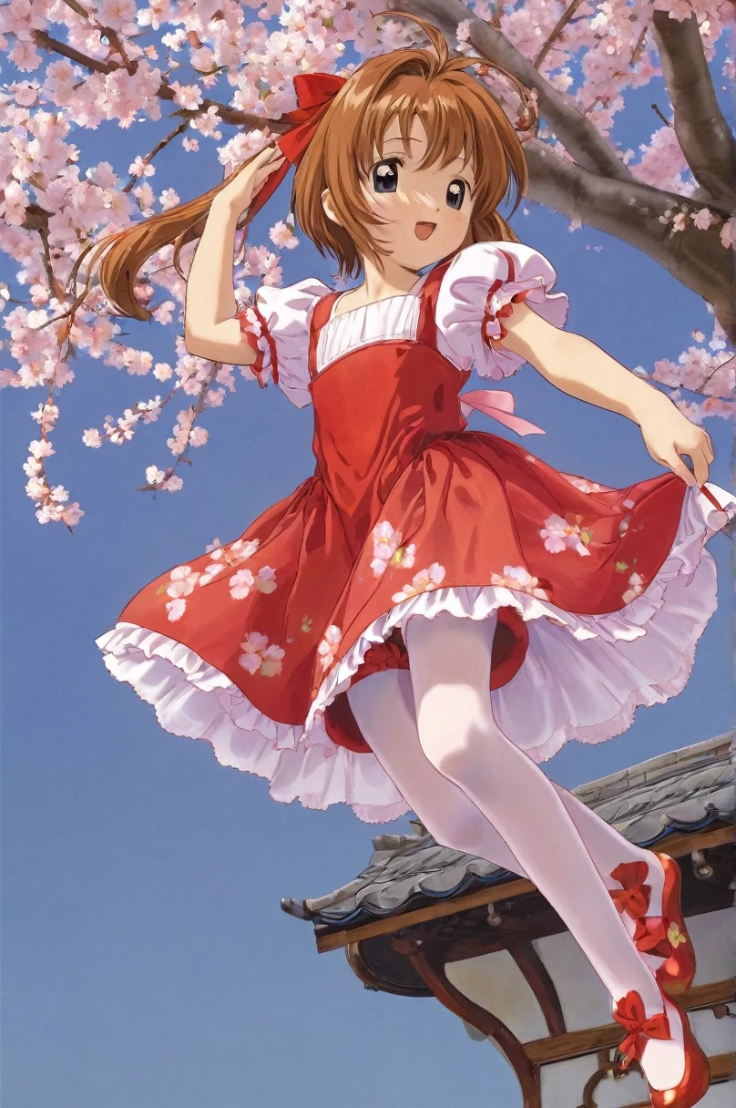 10 year old girl underwear, Sakura Kinomoto、Realistic bloomers made from patterned cotton fabric, Medieval one-piece dress with panniers, Fabric Realism, Low - Angle, I see bloomers, Pull up the dress by hand, Strong winds, Translucent slip, Translucent slip, tights, Highest quality,  whole body