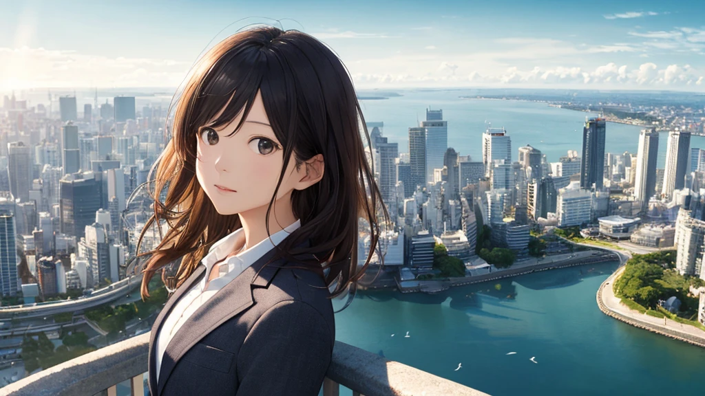 Shiraishi Mei, Looks just like Mei Shiraishi,Oceanの方を向いている後ろ姿、Woman looking up at the sky ,Long Hair,  Dark brown hair, Suit jacket、Blouse Photos, Realistic, Highest quality, Detailed face, The background is the cityscape of Japan、Strong sunlight, Ocean, Embankment, Detailed Background, Diffused sunlight, Written boundary depth, Bokeh (Highest quality: 1.2), (masterpiece: 1.2), Watch Viewer, one piece, White Theme, ,vision、(((Panorama:1.2)))Bun Hair。