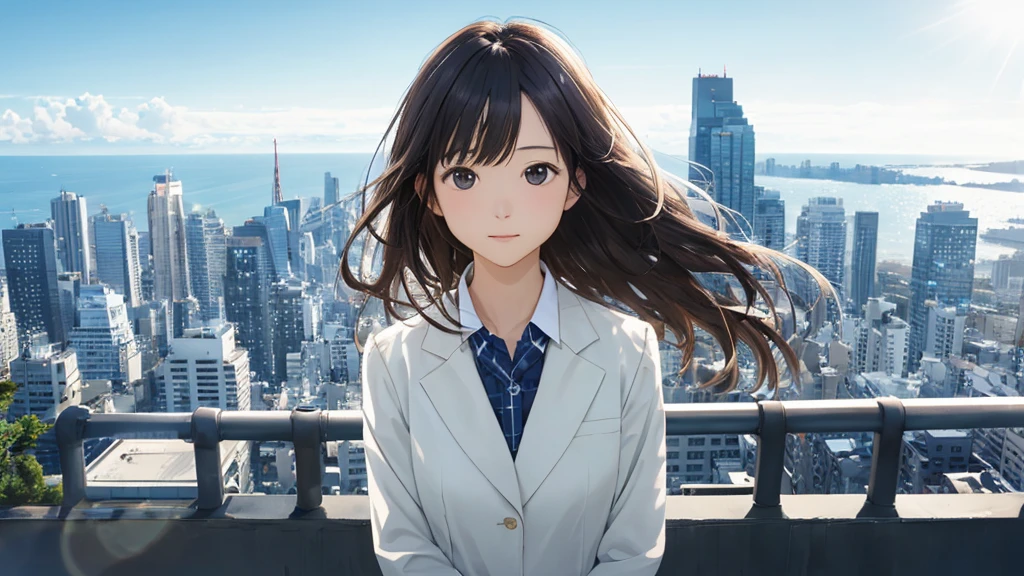 Shiraishi Mei, Looks just like Mei Shiraishi,Oceanの方を向いている後ろ姿、Woman looking up at the sky ,Long Hair, Dark brown hair, Suit jacket、Blouse Photos, Realistic, Highest quality, Detailed face, The background is the cityscape of Japan、Strong sunlight, Ocean, Embankment, Detailed Background, Diffused sunlight, Written boundary depth, Bokeh (Highest quality: 1.2), (masterpiece: 1.2), Watch Viewer, one piece, White Theme, ,vision、(((Panorama:1.2)))Bun Hair。