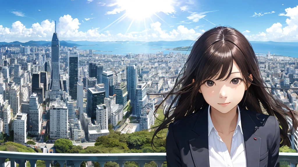 Shiraishi Mei, Looks just like Mei Shiraishi,Oceanの方を向いている後ろ姿、Woman looking up at the sky ,Long Hair, Dark brown hair, Suit jacket、Blouse Photos, Realistic, Highest quality, Detailed face, The background is the cityscape of Japan、Strong sunlight, Ocean, Embankment, Detailed Background, Diffused sunlight, Written boundary depth, Bokeh (Highest quality: 1.2), (masterpiece: 1.2), Watch Viewer, one piece, White Theme, ,vision、(((Panorama:1.2)))Bun Hair。