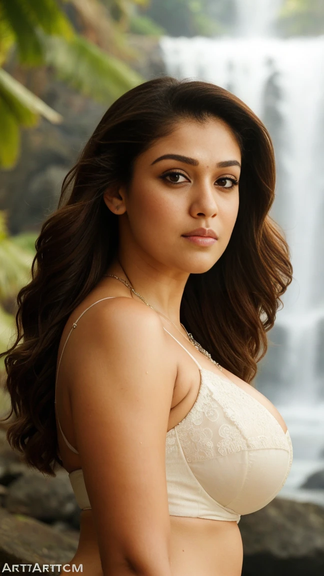 Cute woman in a park, indian nayanthara, big breasts, curly hair, (photorealistic:1.7), brunette, 28 years old, extreme quality, beautiful lighting, (naturally droopy breast)
